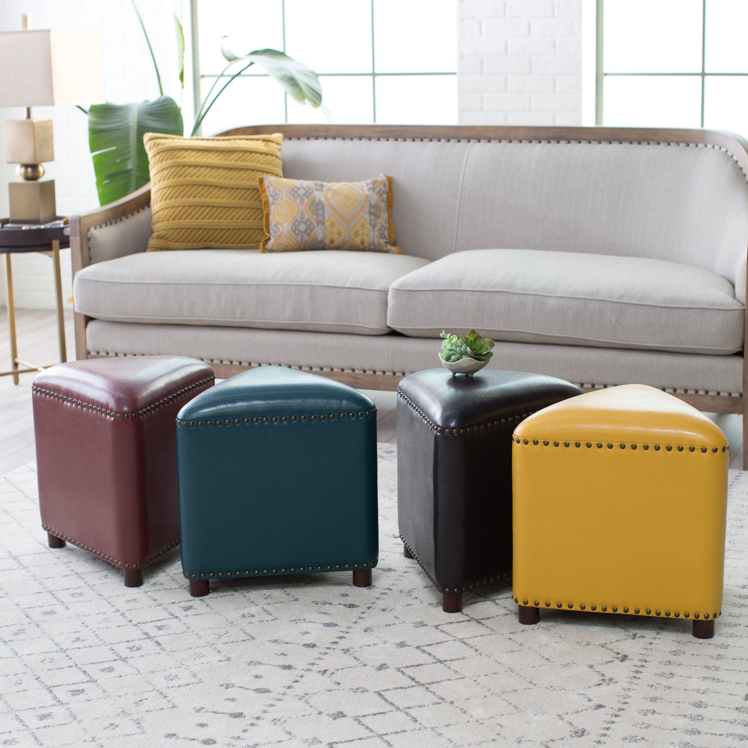 Belham Living Hutton Triangle Nailhead Ottoman | From Hayneedle For Round Gold Faux Leather Ottomans With Pull Tab (View 20 of 20)