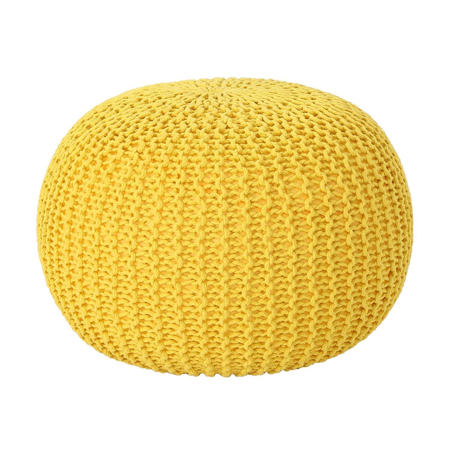 Belle Knitted Cotton Pouf, Yellow | Cotton Pouf, Knitted Pouf, Yellow Knit Inside Blue Woven Viscose Square Pouf Ottomans (View 16 of 20)