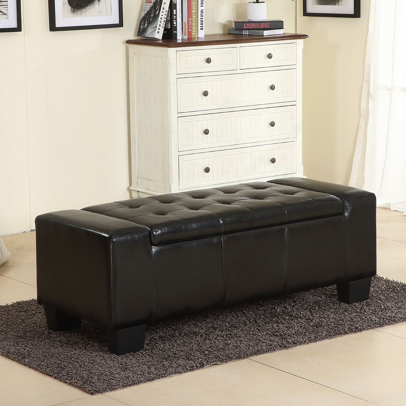 Belleze 51" Storage Ottoman Bench Black Faux Leather Large Rectangular Inside Black Faux Leather Ottomans With Pull Tab (View 11 of 20)