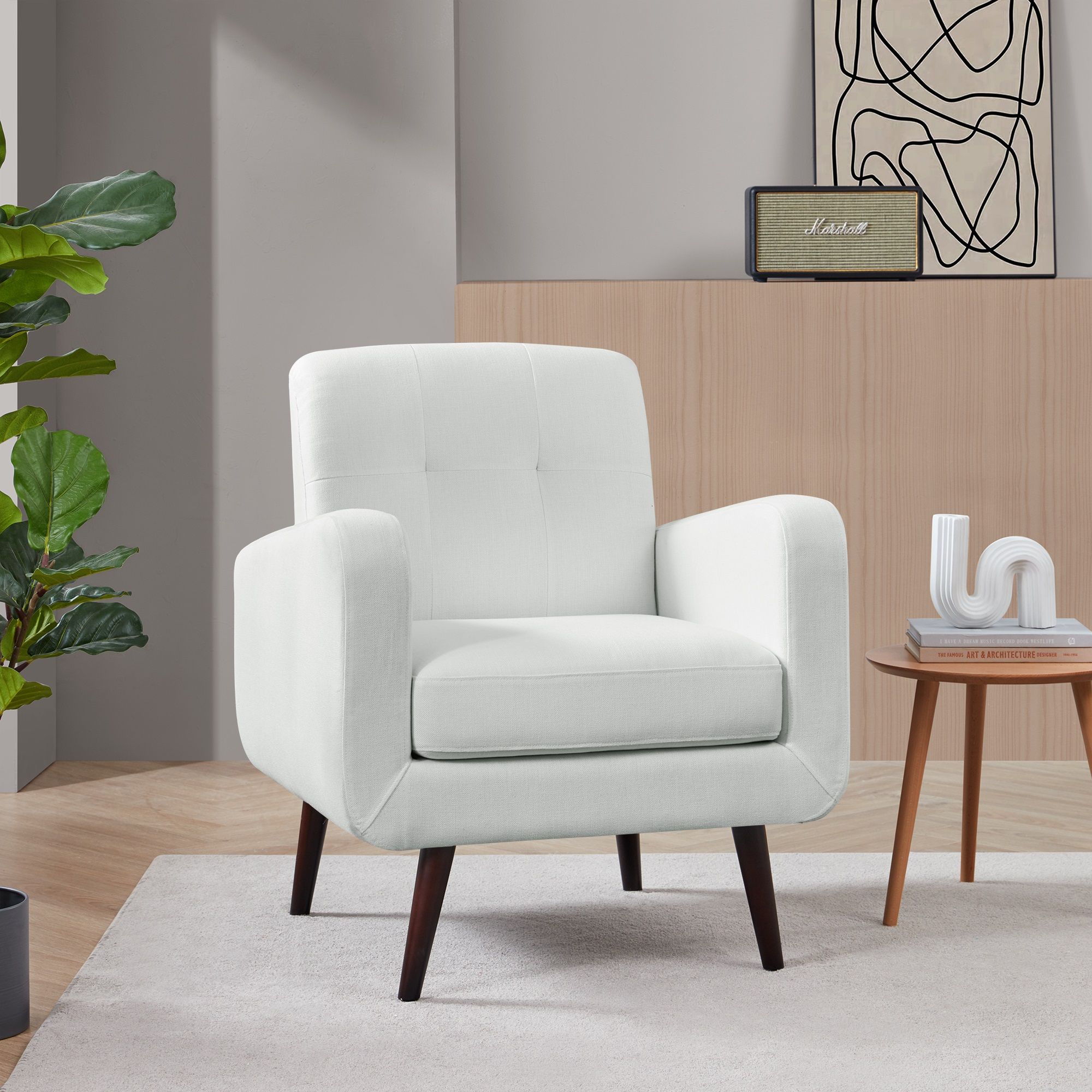 Belleze Hasting Arm Chair Comfy Fabric Upholstered Tufted Accent Chair With Regard To White Textured Round Accent Stools (View 3 of 20)