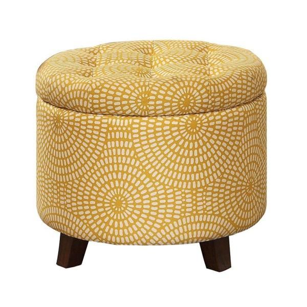Benjara Yellow And Brown Button Tufted Wooden Round Storage Ottoman Intended For Light Gray Fabric Tufted Round Storage Ottomans (View 9 of 20)