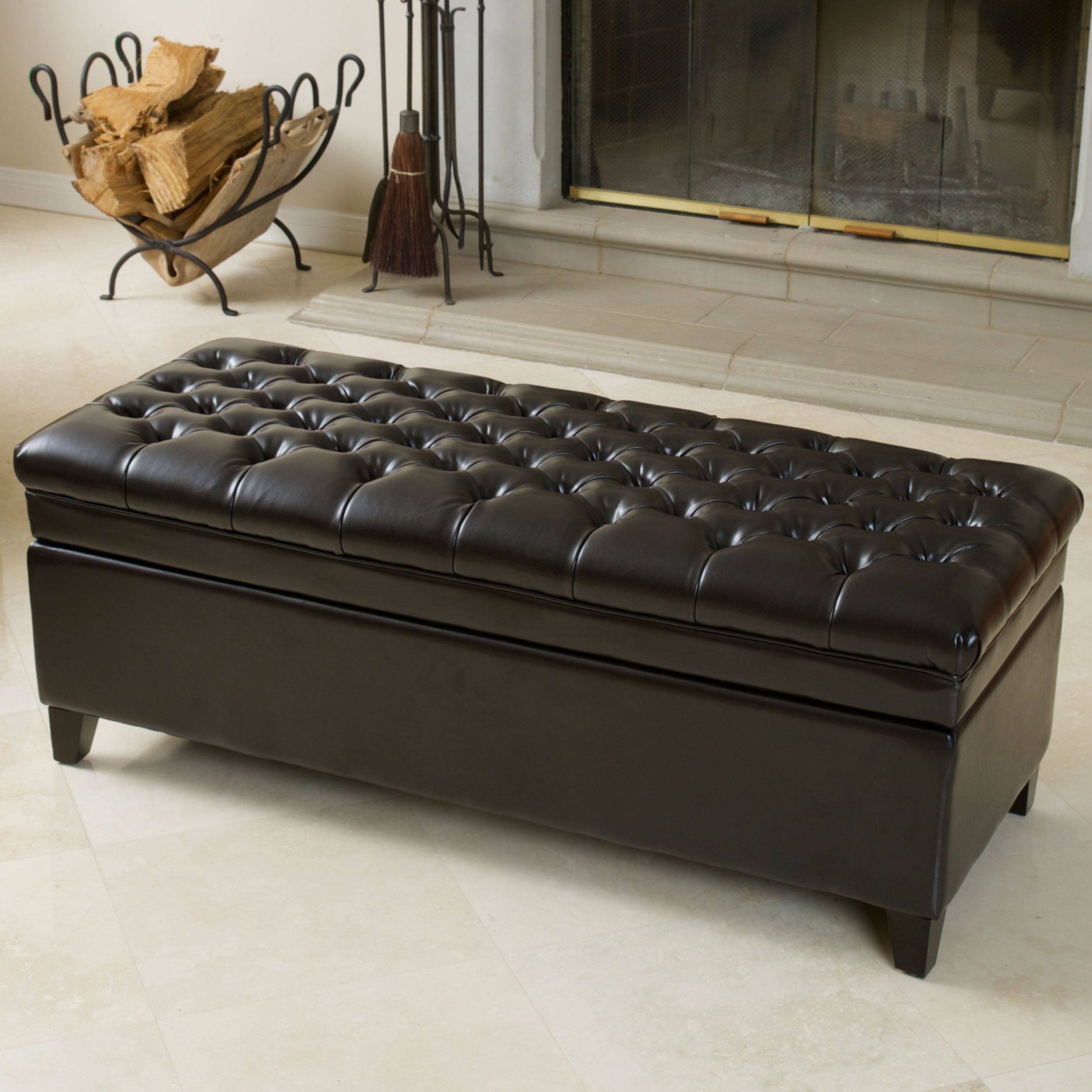 Bennette Tufted Espresso Brown Leather Storage Ottoman – Walmart For Brown Tufted Pouf Ottomans (View 1 of 20)