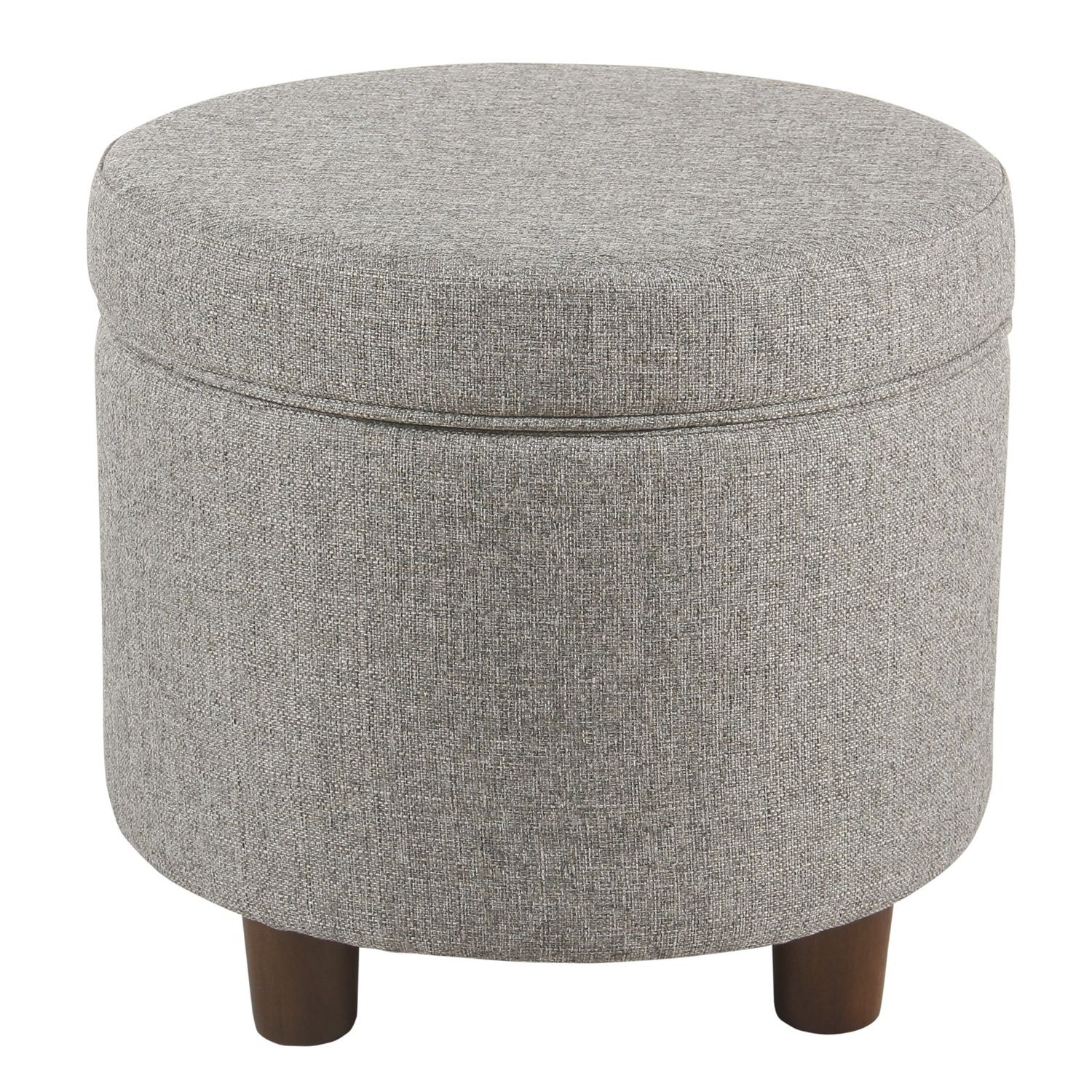 Benzara Fabric Upholstered Round Wooden Ottoman With Lift Off Lid Pertaining To Light Gray Fabric Tufted Round Storage Ottomans (View 7 of 20)