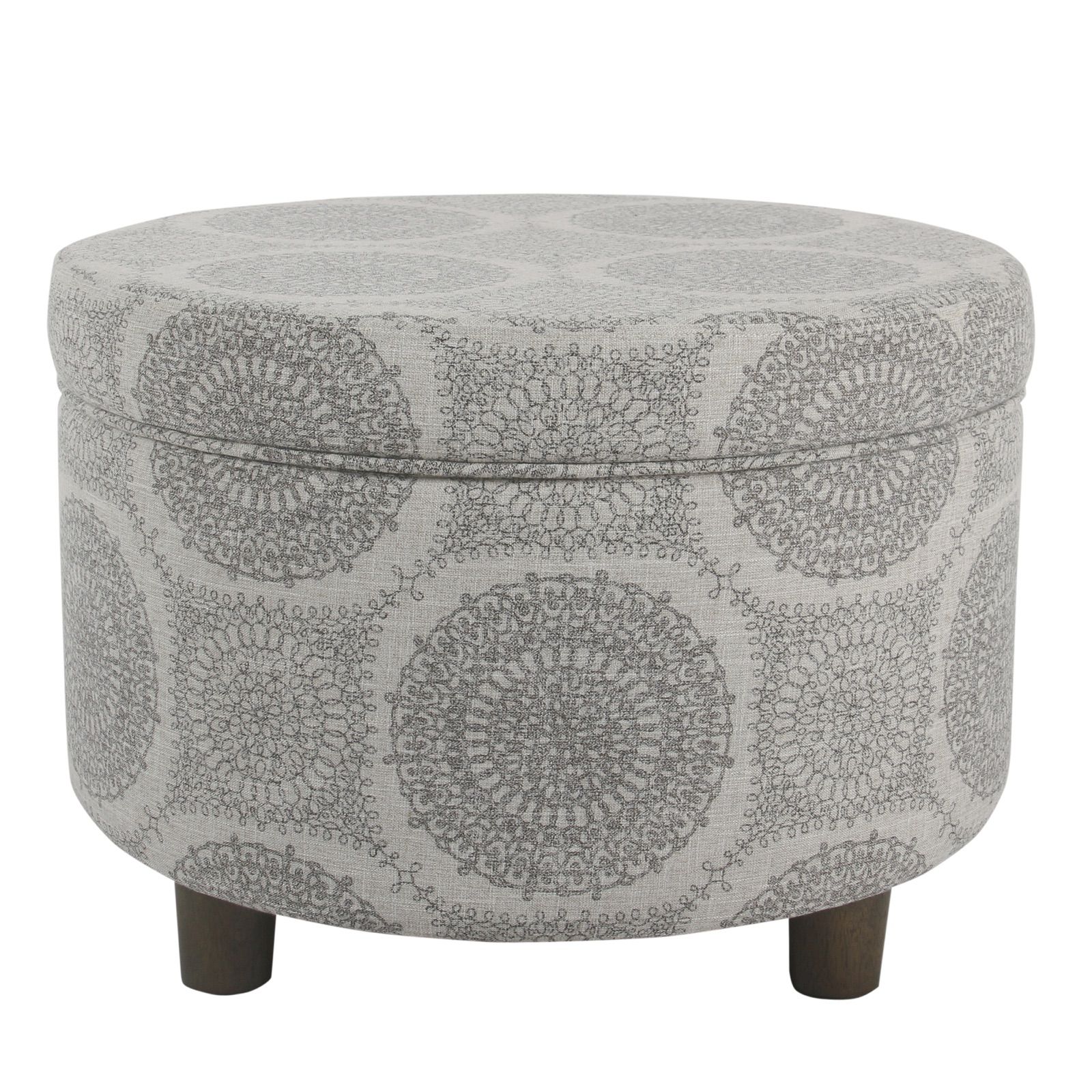 Benzara Wooden Ottoman With Medallion Patterned Fabric Upholstery And In Gray Velvet Ribbed Fabric Round Storage Ottomans (View 10 of 20)