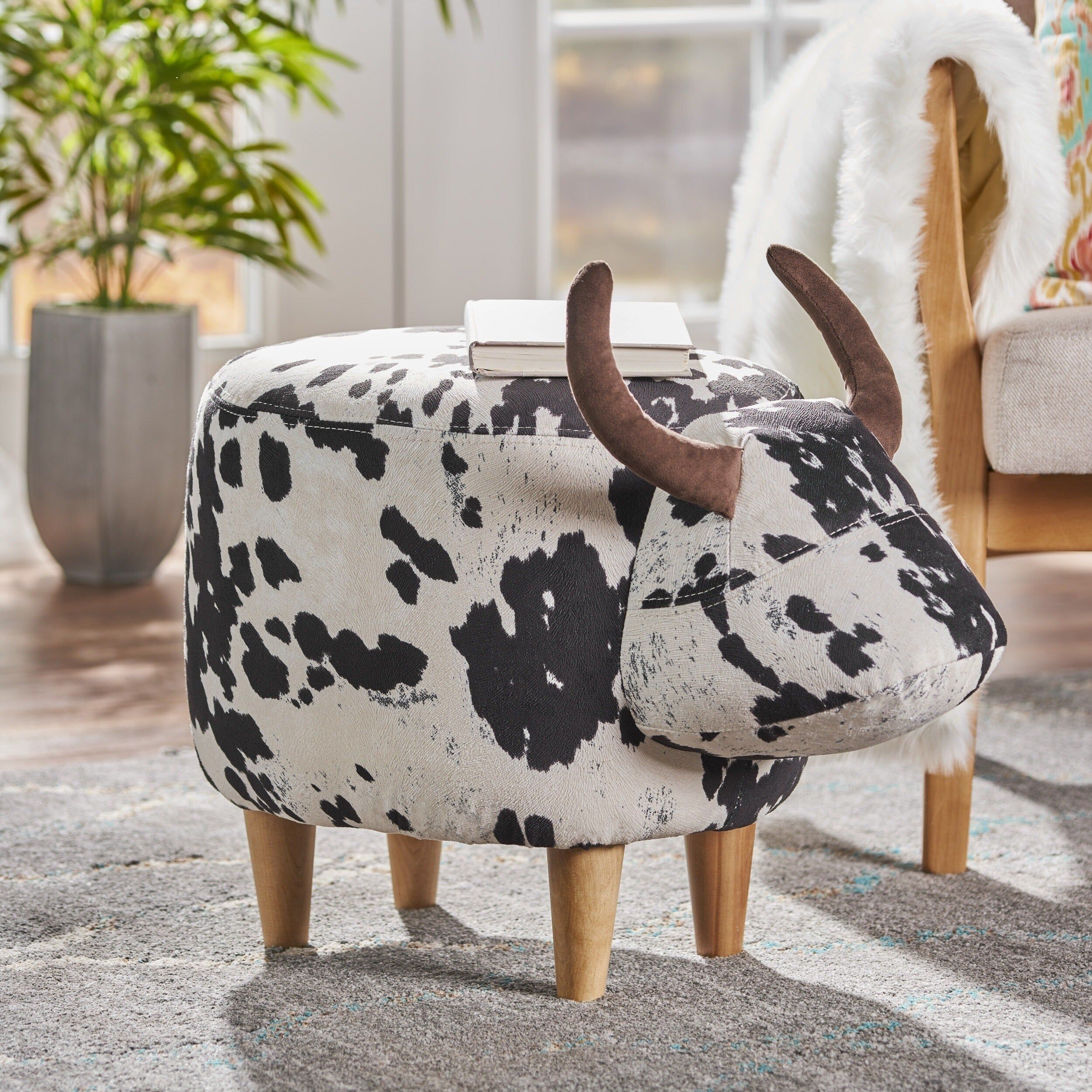 Bessie Fabric Cow Patterned Ottomanchristopher Knight Home – White Throughout Warm Brown Cowhide Pouf Ottomans (View 5 of 20)