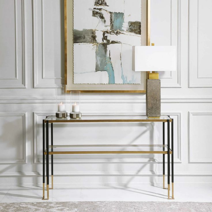Black And Gold Modern Console Table With Glass Top In 2021 | Modern Pertaining To Metallic Gold Modern Console Tables (View 13 of 20)