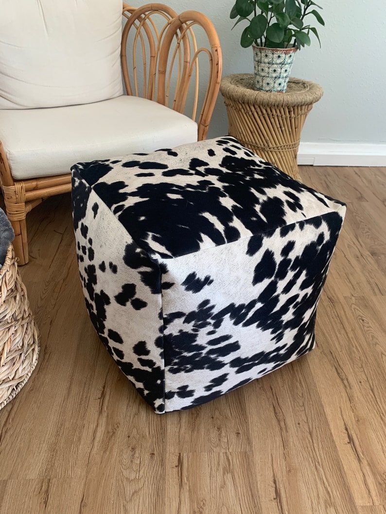 Black And White Cow Hide Pattern Pouf Ottoman Brown Black | Etsy For Warm Brown Cowhide Pouf Ottomans (View 17 of 20)