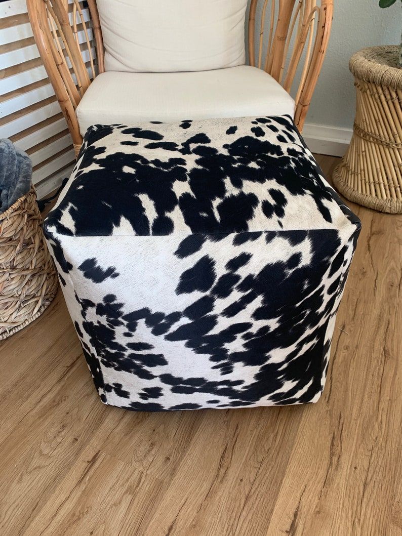 Black And White Cow Hide Pattern Pouf Ottoman Brown Black | Etsy In Black And White Zigzag Pouf Ottomans (View 17 of 20)