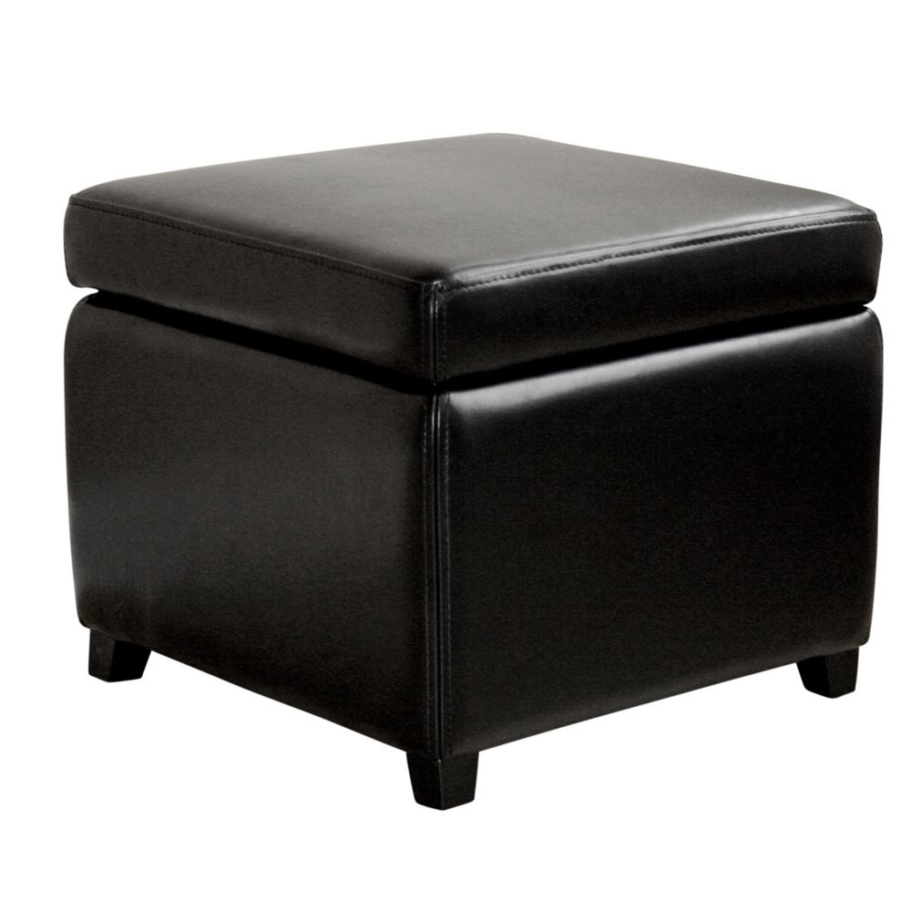 Black Full Leather Small Storage Cube Ottoman With Regard To Black And Natural Cotton Pouf Ottomans (View 16 of 20)
