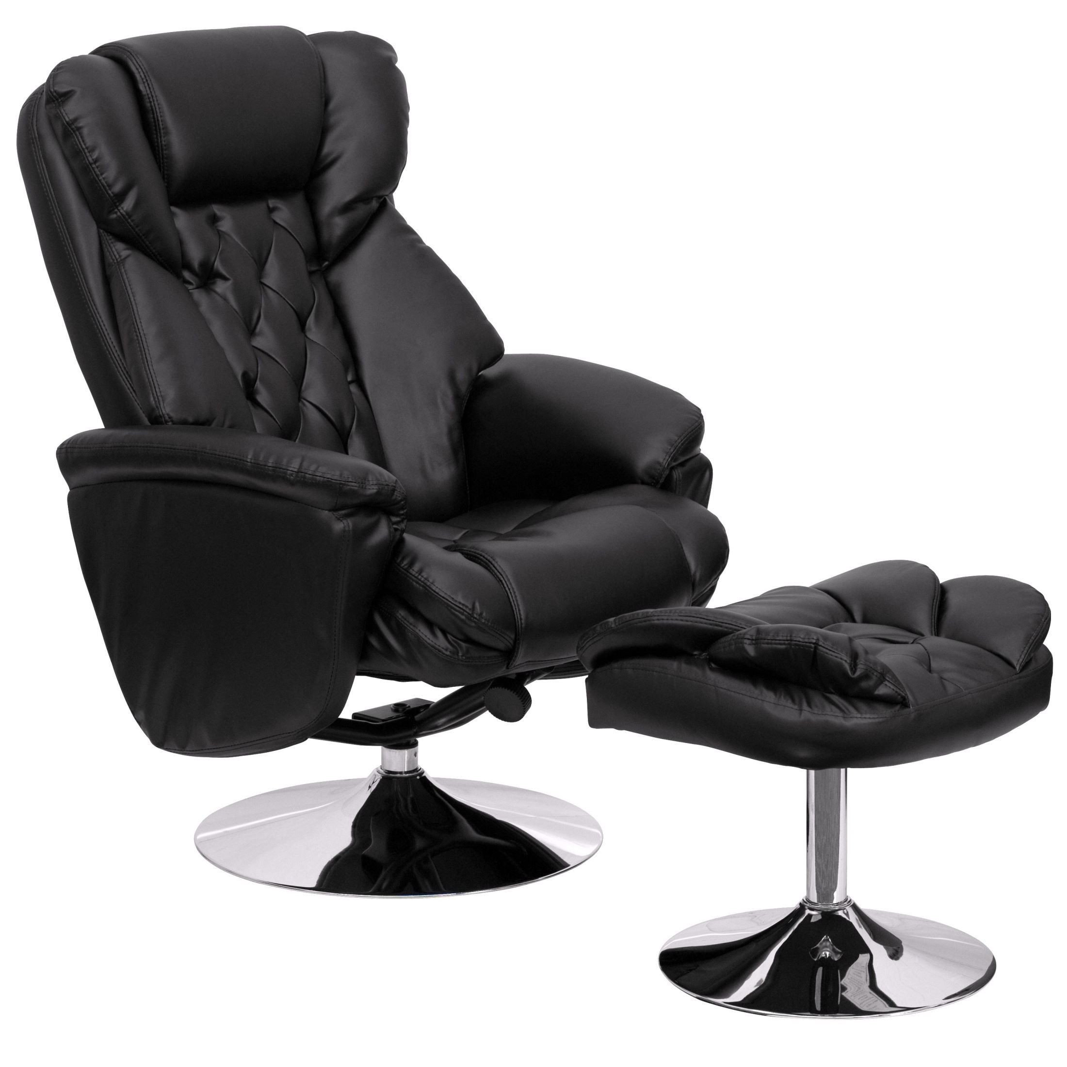 Black Recliner And Ottoman With Chrome Base (min Order Qty Required Throughout Chrome Swivel Ottomans (View 16 of 20)
