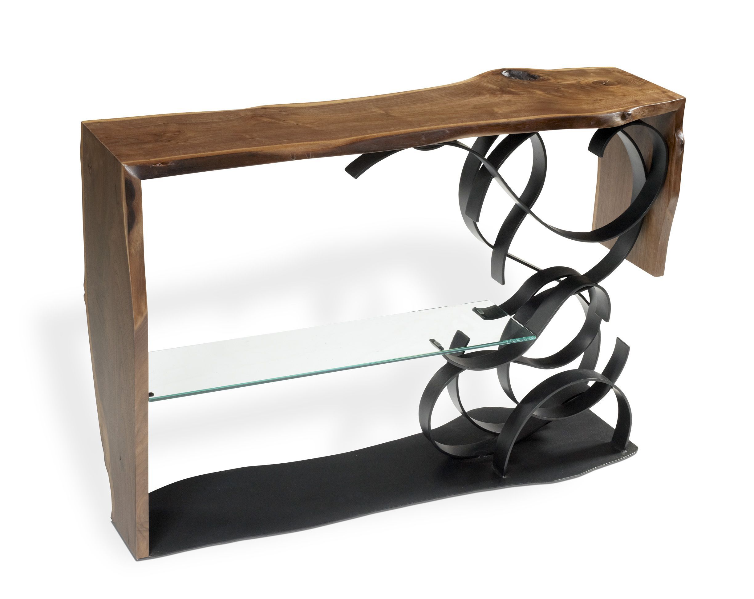 Black Walnut Sofa Table With Hand Forged Metal And Glass Shelf Regarding Walnut Wood And Gold Metal Console Tables (View 5 of 20)