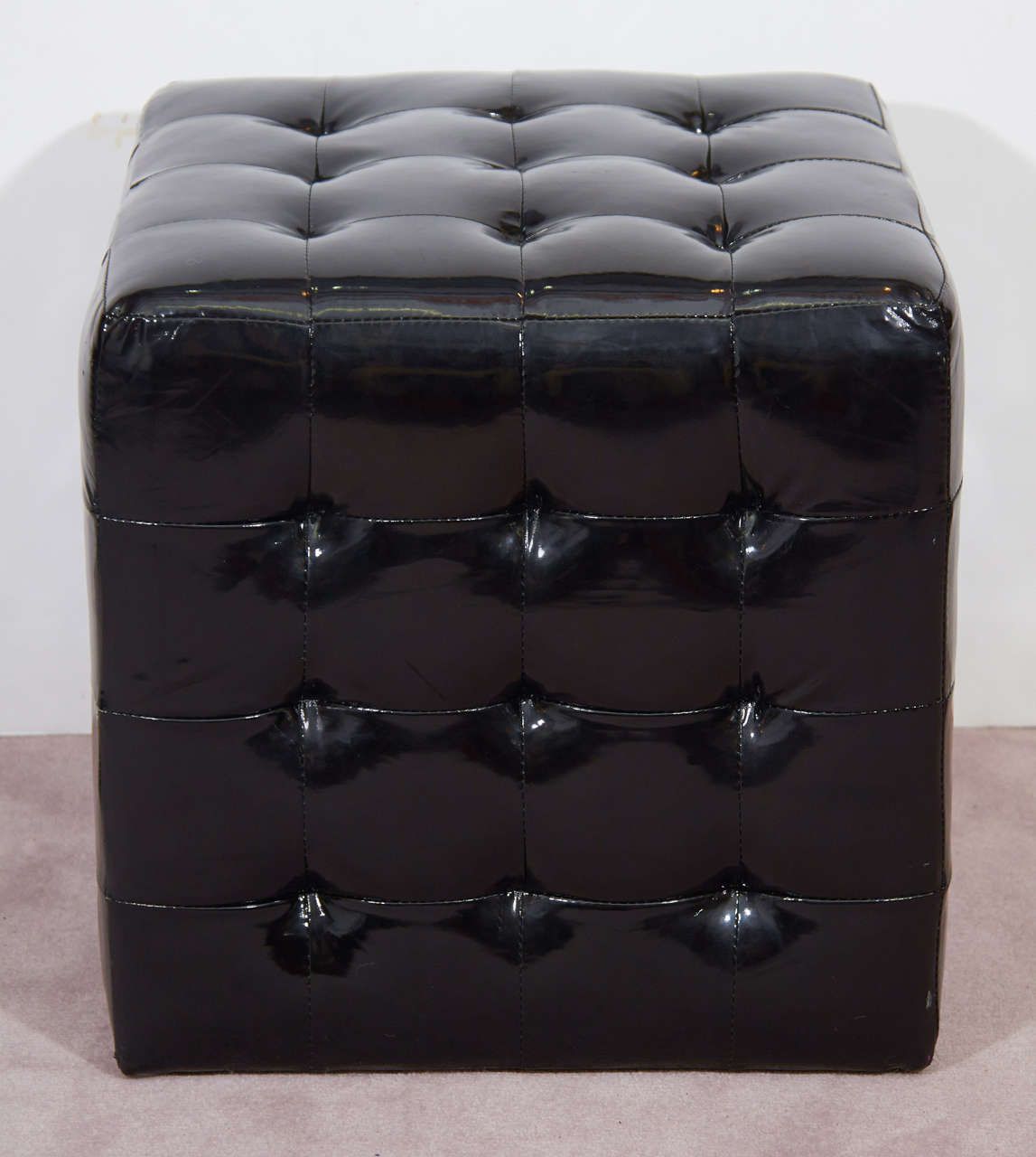 Black Wet Look Faux Leather Tufted Cube Ottomans Or Benches At 1stdibs Intended For Black Faux Leather Column Tufted Ottomans (View 8 of 20)