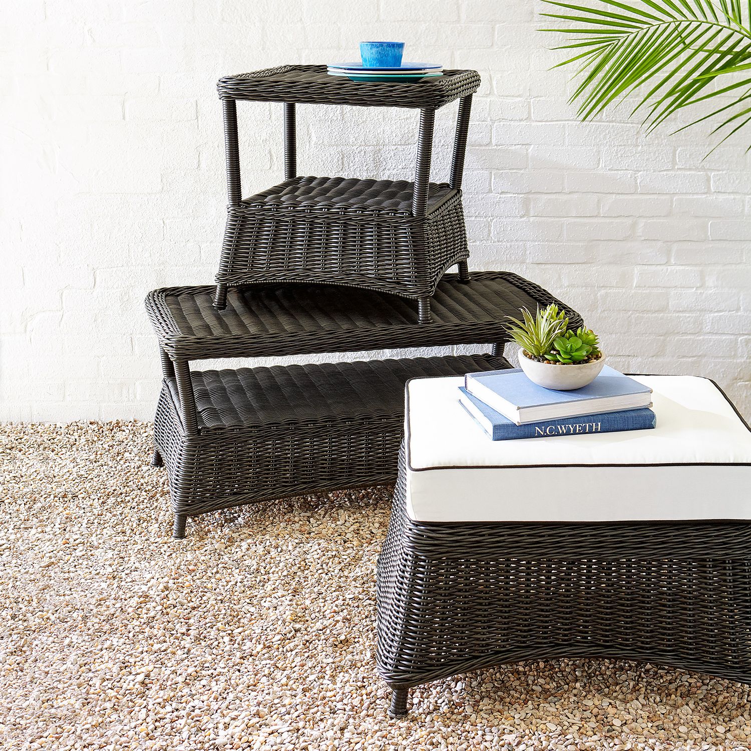 Black Wicker Ottoman With Cushion – Pier1 Intended For Black And Off White Rattan Ottomans (View 8 of 19)