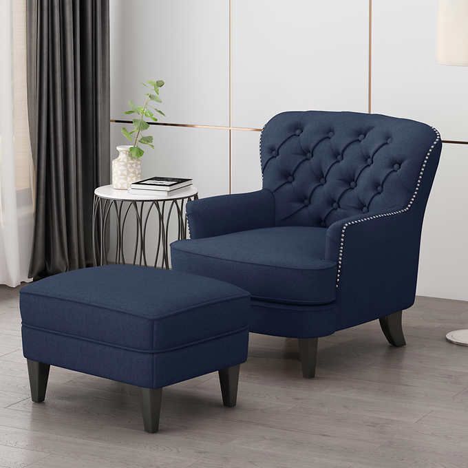 Blue 1 In 2020 | Chair And Ottoman, Chair Fabric, Wingback Chair Living Regarding Navy And Light Gray Woven Pouf Ottomans (View 18 of 20)