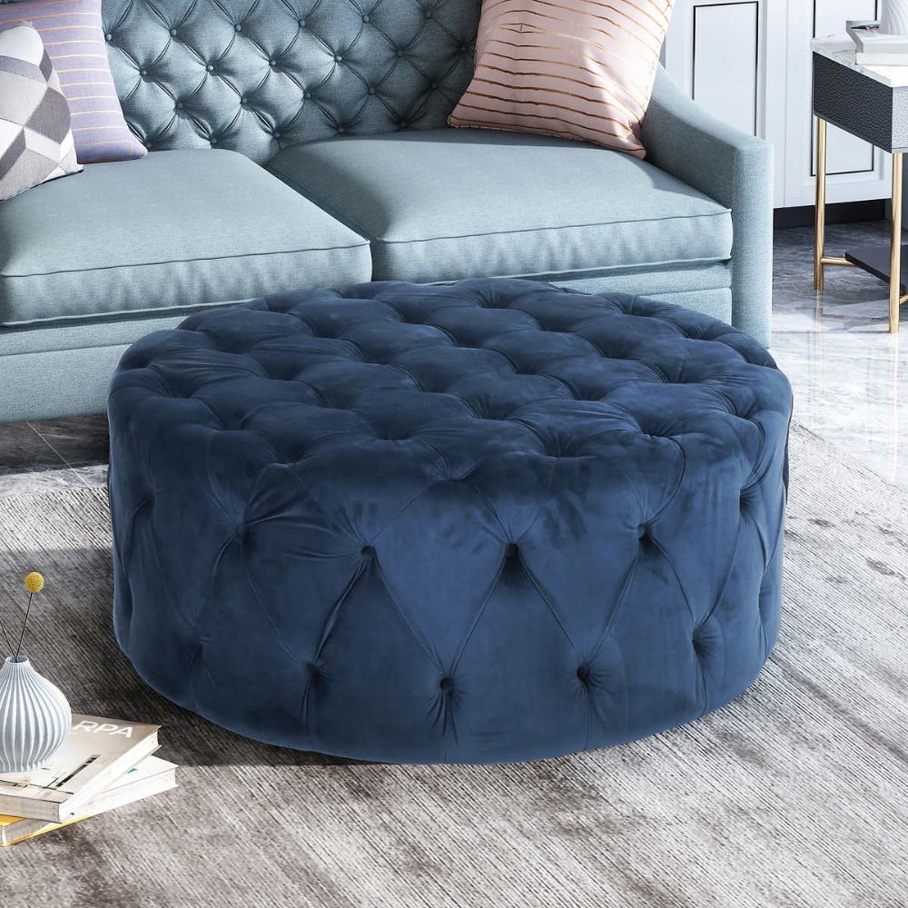 Blue 1 | Round Tufted Ottoman, Tufted Ottoman, Ottoman Inside Pouf Textured Blue Round Pouf Ottomans (View 1 of 20)