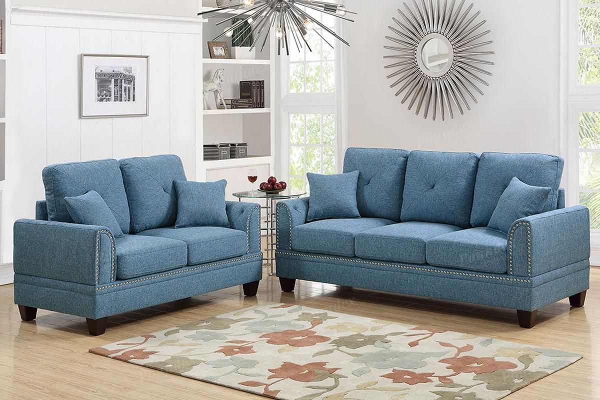 Blue Fabric Sofa And Loveseat Set – Steal A Sofa Furniture Outlet Los Inside Blue Fabric Lounge Chair And Ottomans Set (View 10 of 20)