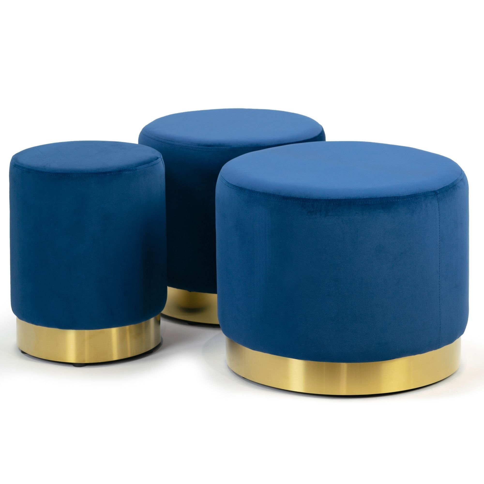 Blue Velvet Round Footstool Ottoman Small Medium Large Set | Ottoman With Regard To Pouf Textured Blue Round Pouf Ottomans (View 15 of 20)