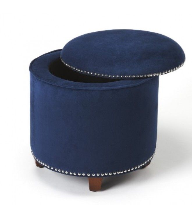 Blue Velvet Round Storage Ottoman Footstool | Round Storage Ottoman Inside Pouf Textured Blue Round Pouf Ottomans (View 3 of 20)