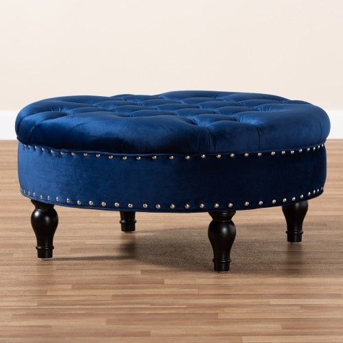 Blue Velvet Tufted Silver Nailhead Round Coffee Table Ottoman For Royal Blue Tufted Cocktail Ottomans (View 16 of 20)