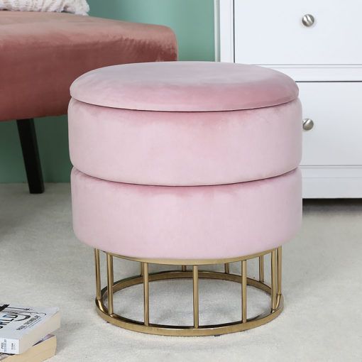 Blush Pink Velvet And Gold Metal Round Storage Ottoman Stool | Picture Within Velvet Ribbed Fabric Round Storage Ottomans (View 19 of 20)