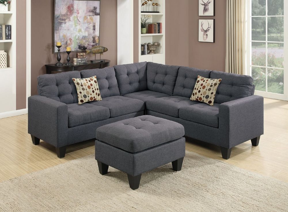 Bobkona Blue Grey Fabric Sectional Sofa With Ottomanpoundex Inside Blue Fabric Lounge Chair And Ottomans Set (View 11 of 20)