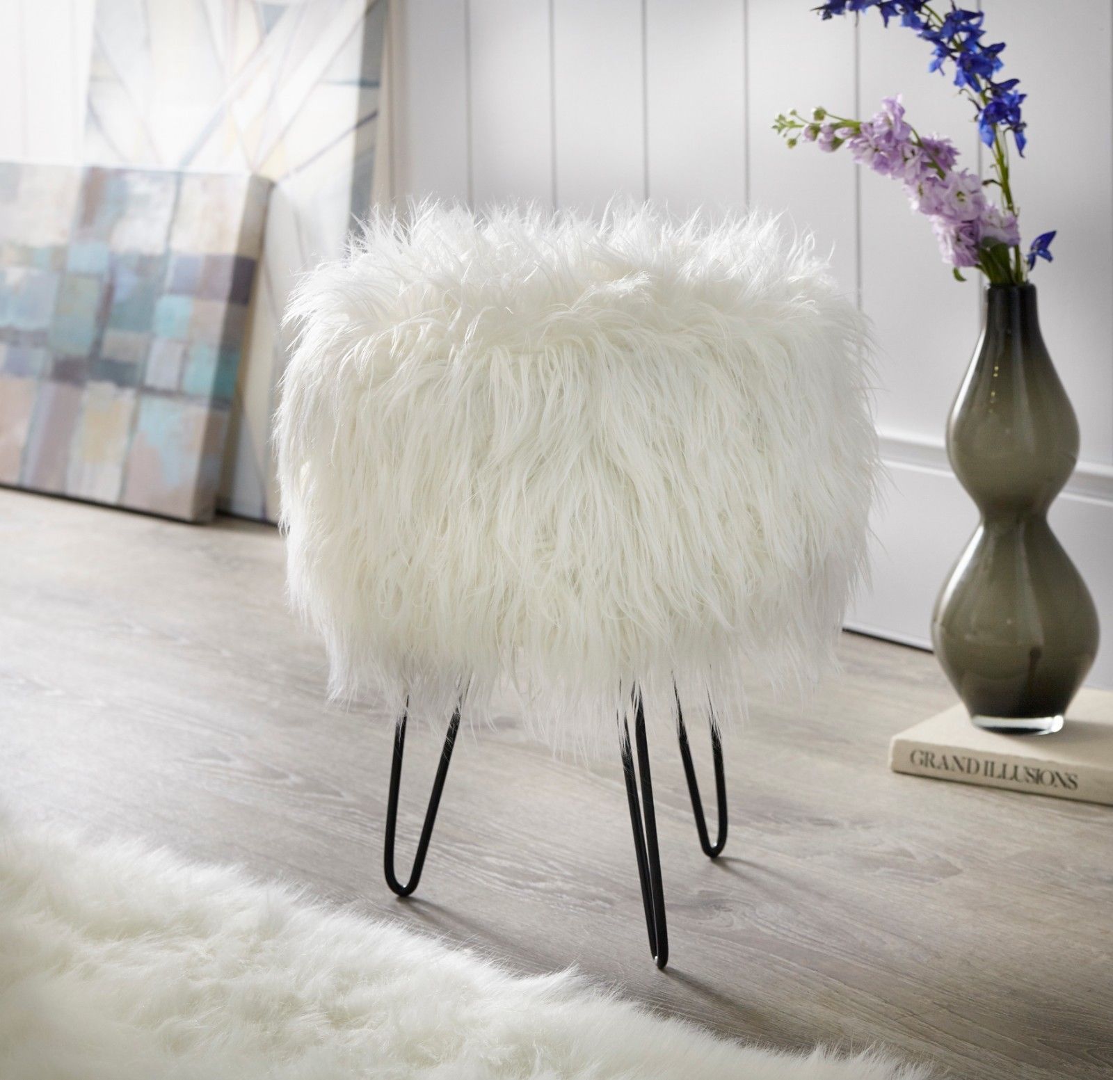 Bohemian Glam 14" Round White Faux Fur Ottoman Footstool Footrest In White Faux Fur And Gold Metal Ottomans (View 2 of 20)