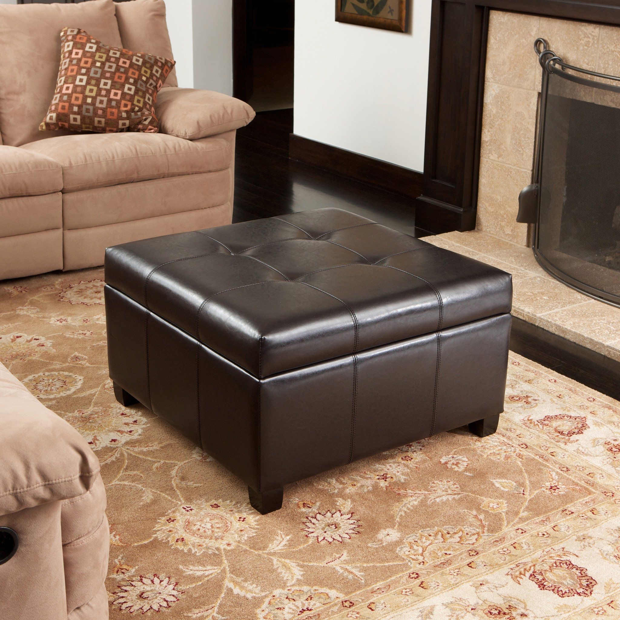 Boston Espresso Brown Tufted Leather Storage Ottoman Coffee Table In With Orange Tufted Faux Leather Storage Ottomans (View 13 of 20)