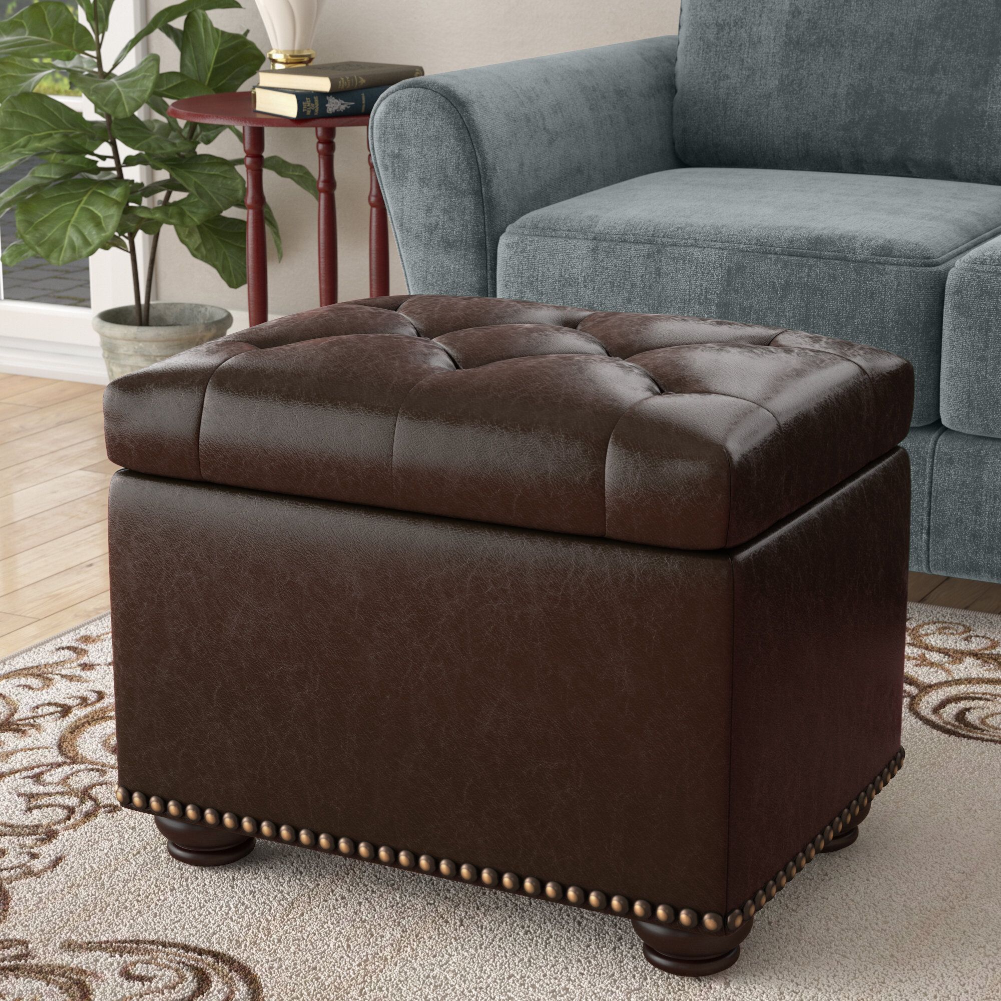 Boston Espresso Brown Tufted Leather Storage Ottoman Coffee Table Within Brown Leather Round Pouf Ottomans (View 8 of 20)