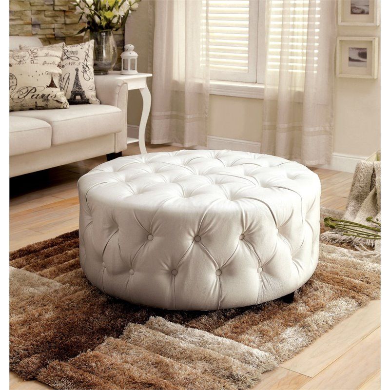 Bowery Hill Round Tufted Leather Ottoman In White 680270336667 | Ebay In Round Beige Faux Leather Ottomans With Pull Tab (View 18 of 20)