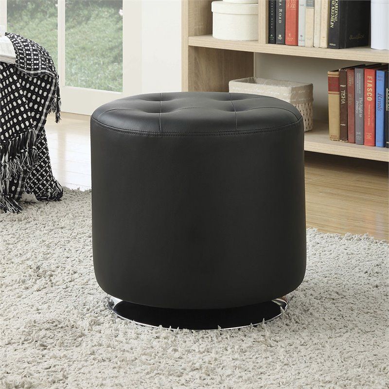 Bowery Hill Tufted Faux Leather Round Ottoman In Black And Chrome For Black Faux Leather Ottomans With Pull Tab (View 9 of 20)