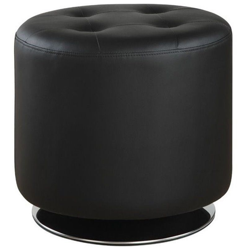 Bowery Hill Tufted Faux Leather Round Ottoman In Black And Chrome For Round Blue Faux Leather Ottomans With Pull Tab (View 11 of 20)