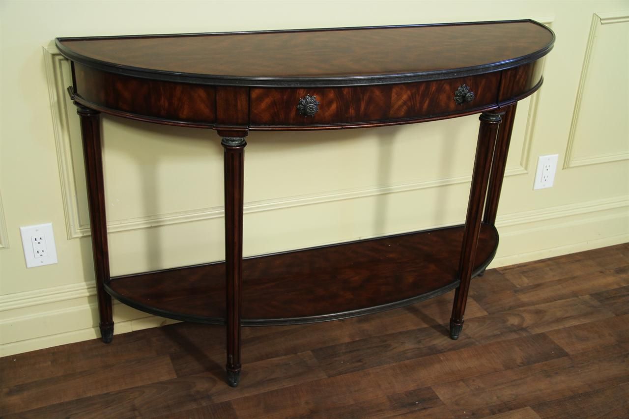 Bowfront Mahogany Console Table With Brass Accents Intended For Antique Brass Aluminum Round Console Tables (View 6 of 20)