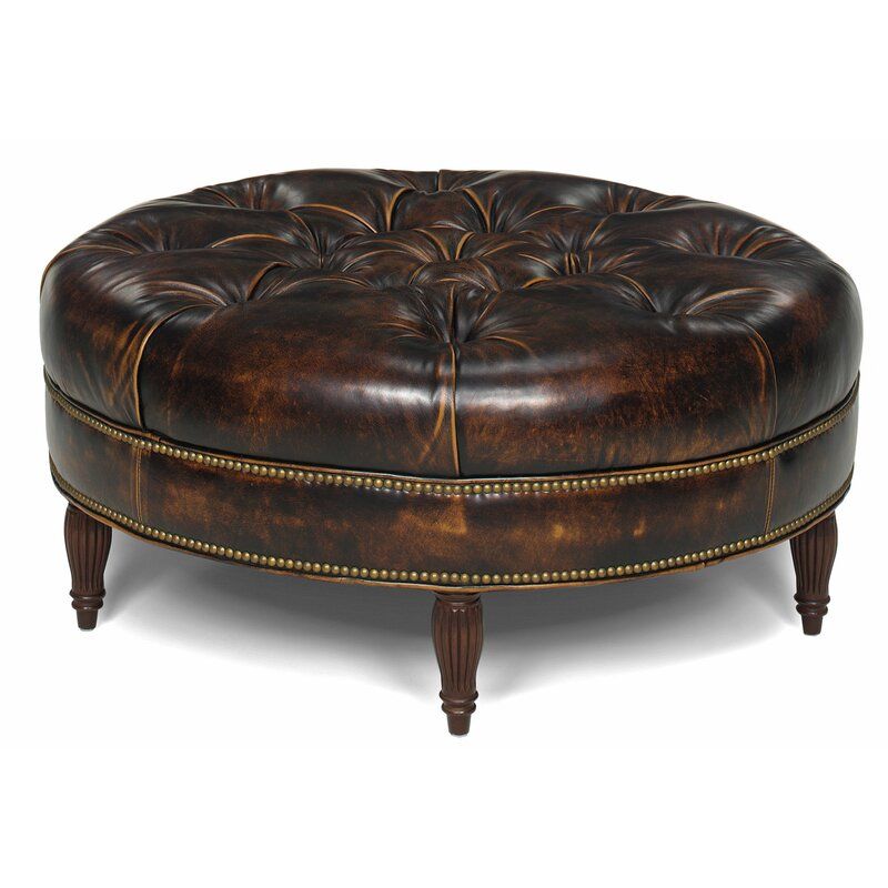 Bradington Young Kearney 42" Genuine Leather Tufted Round Cocktail Pertaining To Silver And White Leather Round Ottomans (View 7 of 20)