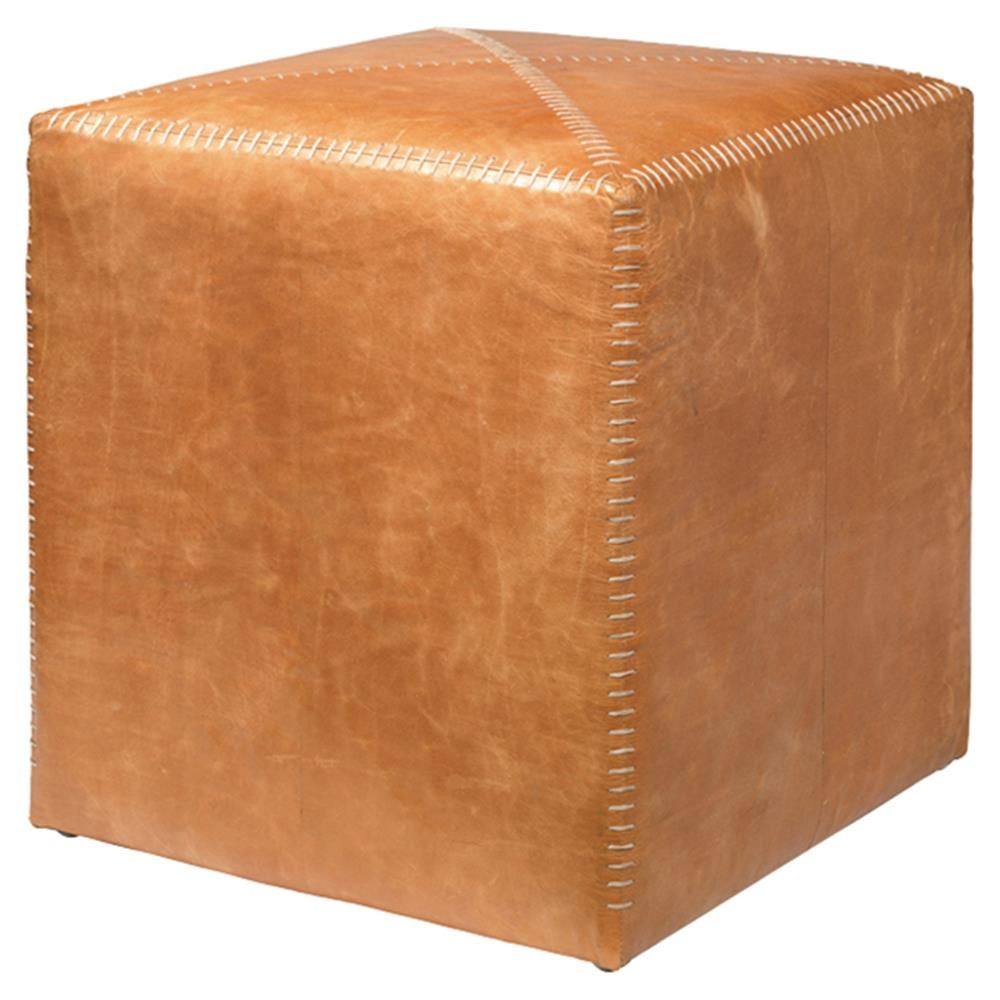 Brian Modern Classic Square Brown Leather Ottoman | Kathy Kuo Home Intended For Brown Leather Tan Canvas Pouf Ottomans (View 20 of 20)