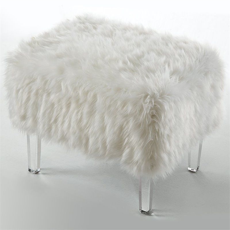 Brika Home Faux Fur Ottoman In White | Ebay Intended For White Faux Fur Round Ottomans (View 6 of 20)