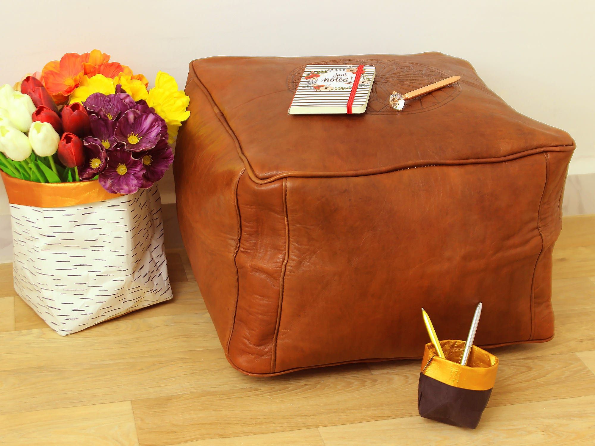 Brown Leather Moroccan Pouf Ottoman Handmade Leather Pouf Within Brown Leather Tan Canvas Pouf Ottomans (View 8 of 20)