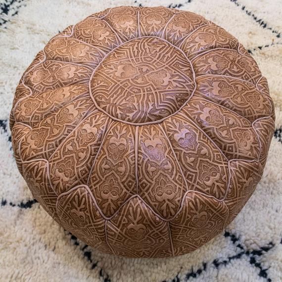 Brown Pouf Ottoman Moroccan Leather Pouf In Natural Brown Tan | Etsy Intended For Brown Leather Tan Canvas Pouf Ottomans (View 12 of 20)