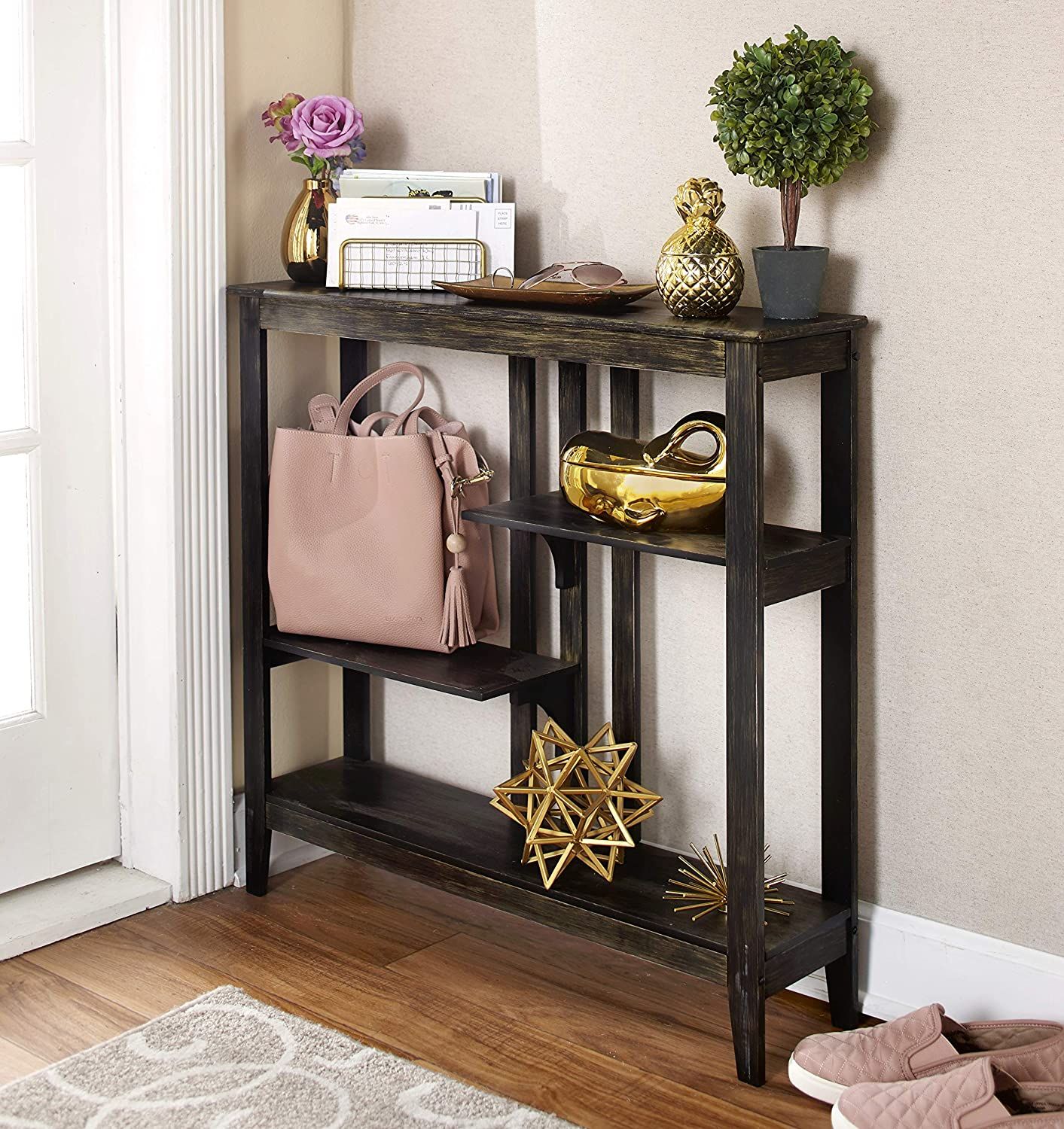 Brushed Metallic Console Table – Hallway Table With Display Shelves Inside Black Console Tables (View 3 of 20)