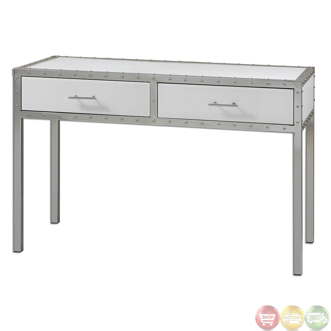 Bryton White Riveted Polished Chrome Hall Console Table 24393 Pertaining To Polished Chrome Round Console Tables (View 5 of 20)