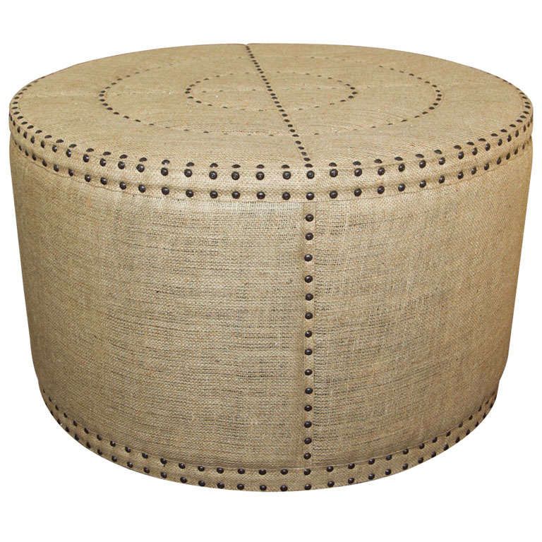 Burlap Ottoman With Nailhead Detail At 1stdibs Throughout White Solid Cylinder Pouf Ottomans (View 10 of 18)