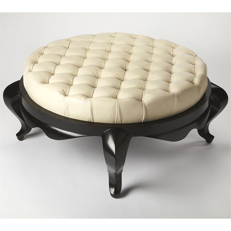 Butler Specialty 41" Round Leather Tufted Top Ottoman In Off White Intended For Gold And White Leather Round Ottomans (View 9 of 20)