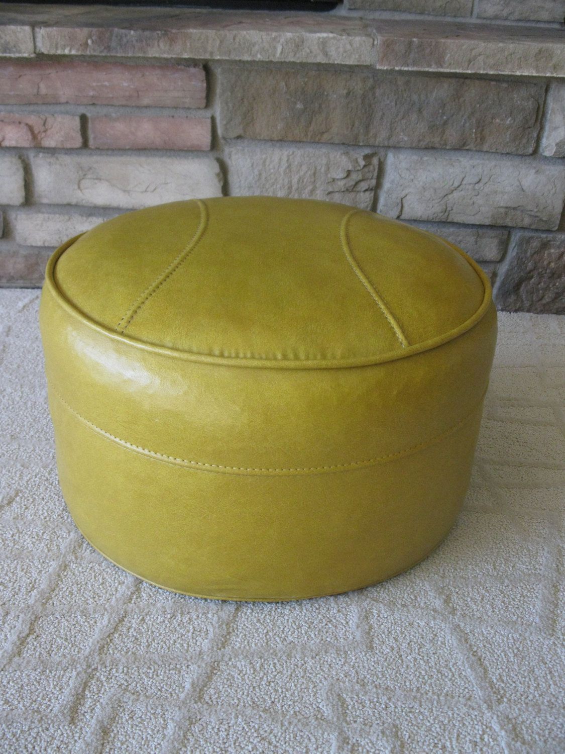 Butterscotch Yellow Ottoman  Footstool – Hassock  Faux Leather Inside Gold Faux Leather Ottomans With Pull Tab (View 13 of 20)