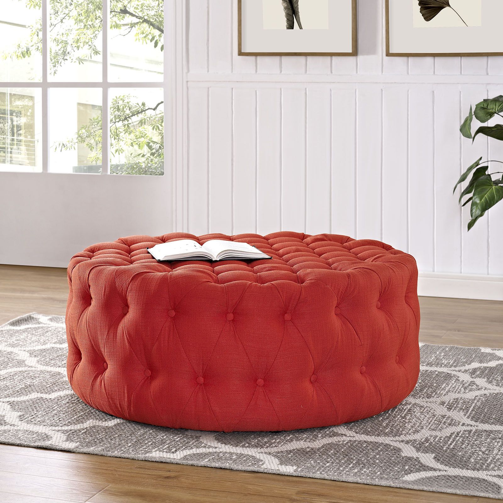 Button Tufted Fabric Upholstered Round Ottoman In Atomic Red Intended For Round Black Tasseled Ottomans (View 4 of 20)