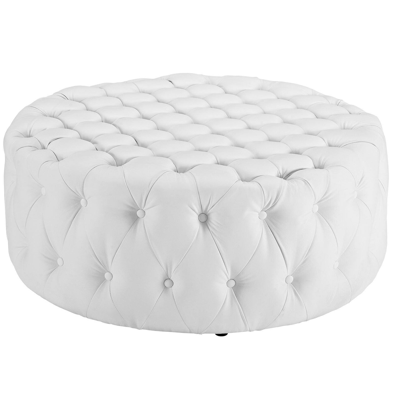 Button Tufted Faux Leather Upholstered Round Ottoman In White Regarding Round Blue Faux Leather Ottomans With Pull Tab (View 4 of 20)