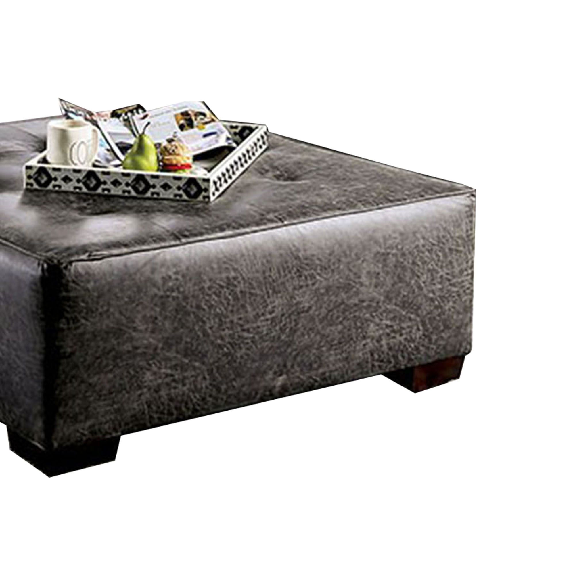 Button Tufted Leatherette Wooden Ottoman With Block Legs, Gray Inside Wooden Legs Ottomans (View 9 of 20)