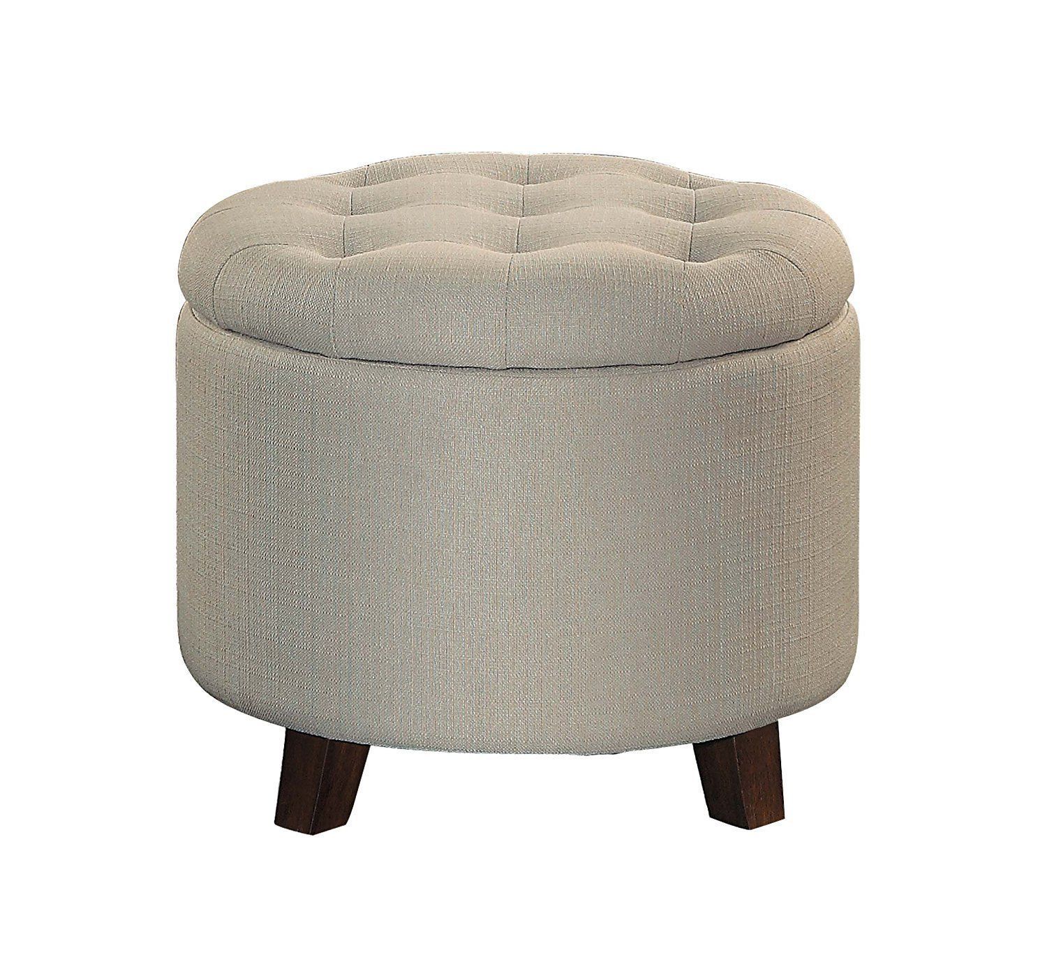 Button Tufted Wooden Round Storage Ottoman Upholstered In Fabric, Beige Pertaining To Brown And Gray Button Tufted Ottomans (View 18 of 20)