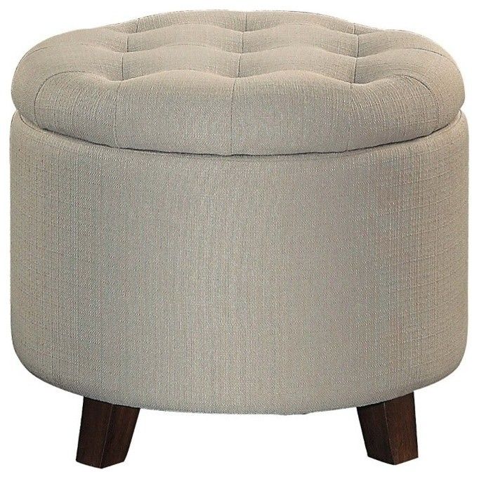 Button Tufted Wooden Round Storage Ottoman Upholstered In Fabric, Beige Within Brown Fabric Tufted Surfboard Ottomans (View 3 of 20)