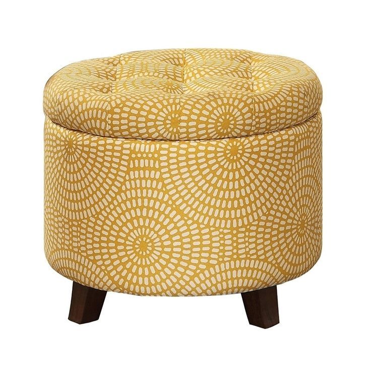 Button Tufted Wooden Round Storage Ottoman Upholstered In Fabric In Textured Yellow Round Pouf Ottomans (View 5 of 20)