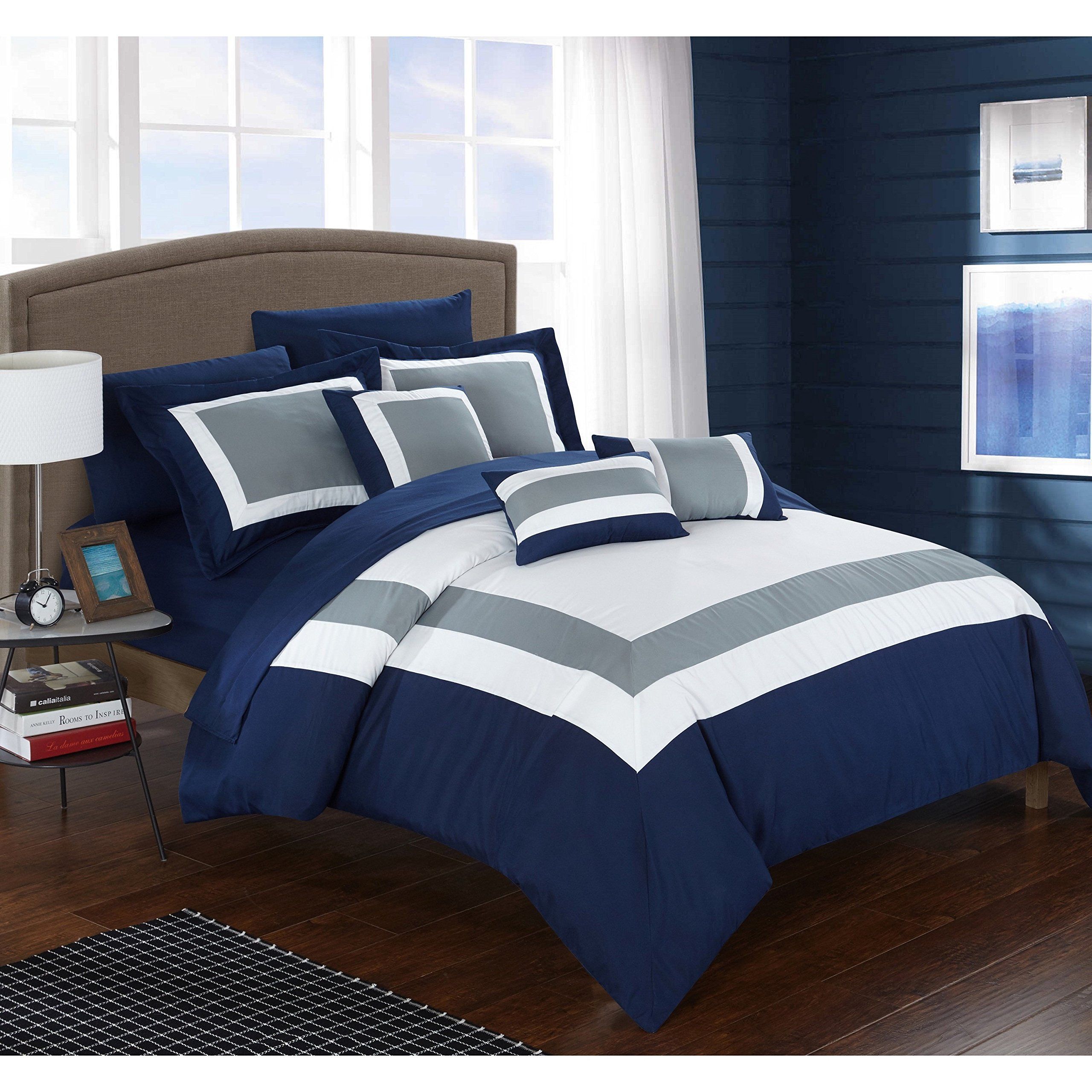 Buy 10 Piece Navy Blue Grey Geometric Comforter Queen Set, White Color With Navy Blue And White Striped Ottomans (View 18 of 20)