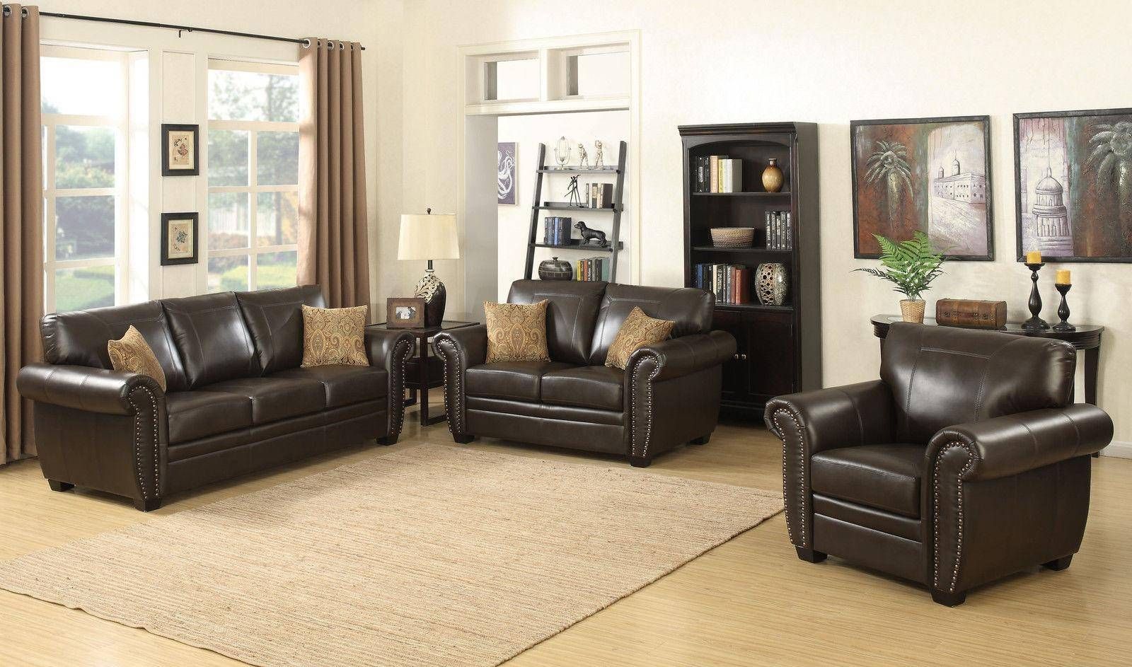 Buy Ac Pacific Louis Sofa Loveseat And Chair Set 3 Pcs In Dark Brown Pertaining To Espresso Faux Leather Ac And Usb Ottomans (Gallery 19 of 20)